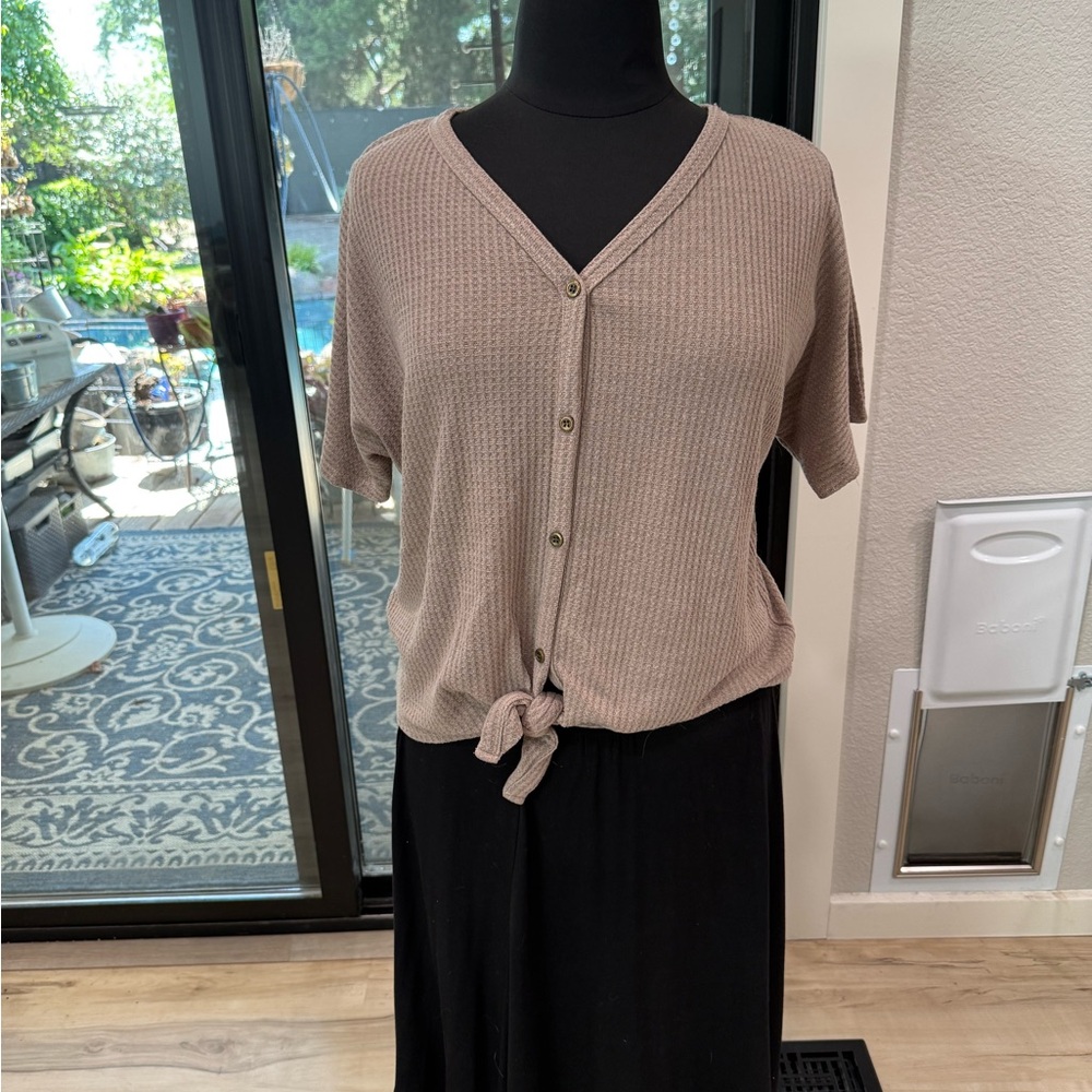 Women's Tan Button-Up Knit Top. #sh0047